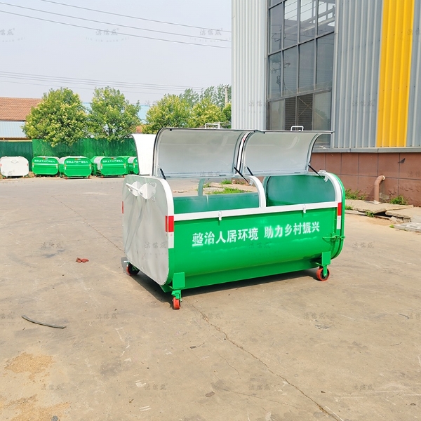 上白下綠橡膠輪勾臂垃圾箱